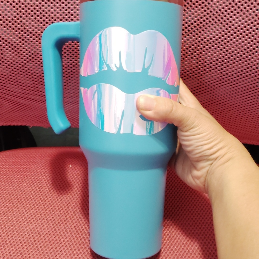 Custom Teal Tumbler with Iridescent Lips Design